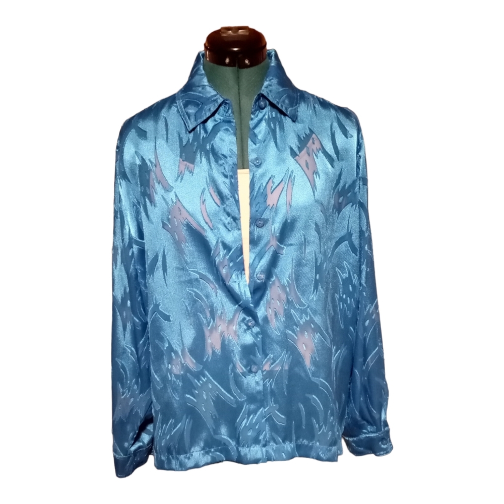 Women's N Touch Size XL Bright Blue Sheer Satin Button Up Long Sleeve Blouse